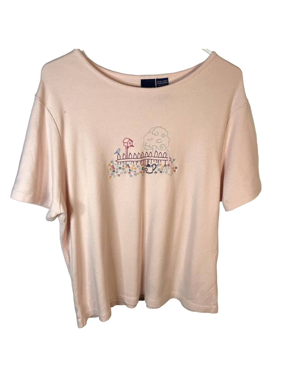 Pink t-shirt Women's XL embroidered bird yard tree flowers basic Editions